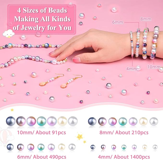 Aenezus 2200PCS Multicolor Pearl Beads, 4/6/8/10mm Loose Pearls for Crafts with Holes for Jewelry Making