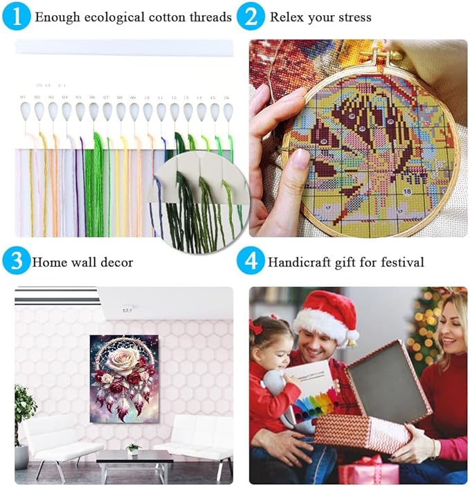 Dream Catcher Counted Cross Stitch Kits for Adults, Flowers Stamped Cross Stitch Kits for Beginners, Needlepoint Cross-Stitch Patterns Embroidery Kits Arts and Crafts for Home Decor 12×16 Inch