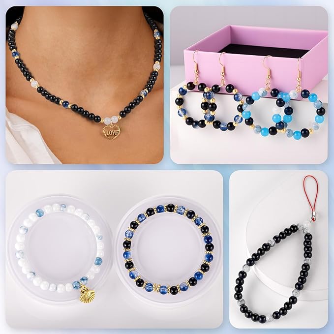 funtopia glass beads for jewelry making, 1377pcs neutral tones bracelet making kit, 24 colors 6mm round glass beads, marble loose beads and gold spacer beads, diy crafts gifts for women men