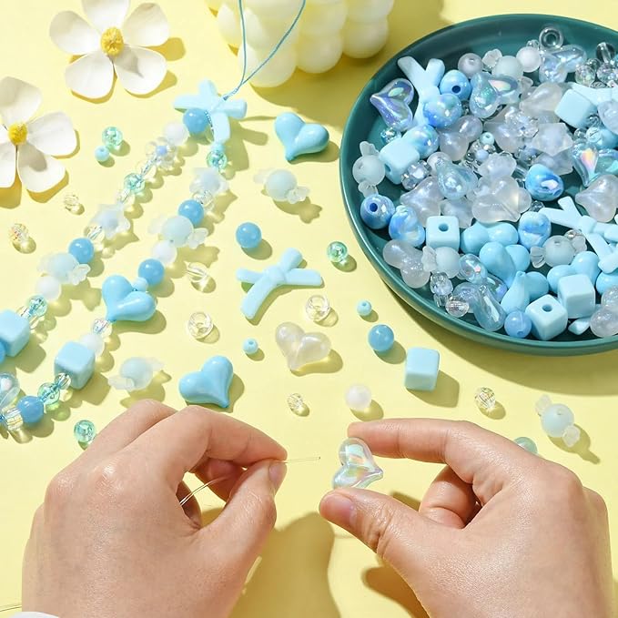 Assorted Acrylic Beads for Bracelet Making Kit, 150g Blue Cute Beads for Keychain Making, Kandi Charms, Kawaii Jewelry Making, DIY Crafts