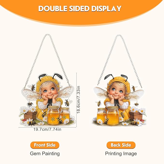 NEWENMO Diamond Art Hanging Kit for Adult, Whimsical Bee Fairy, DIY Double Sided Acrylic Special Shaped Diamond Art Painting Window Pendant Cute Honey Bee, Home Garden Wall Hanging Ornament Kits