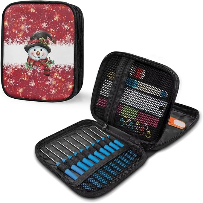 Hechitok Christmas Snowman Crochet Hooks Case Zipper Bags Portable Crochet Storage Bag with Web Pocket and Crochet Holder Slots for Carrying Various Crochets Needles