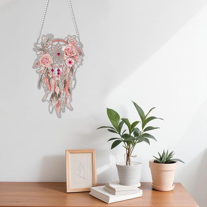NAIMOER DIY Hanging Diamond Art Kits for Adults, Pink Dream Catcher Diamond Painting Kits, Special Shaped Rhinestone, Acrylic 5D Gem Art Craft Window Pendants Home Garden Wall Hanging Ornament Kits