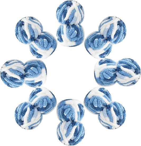 Chunky Yarn for Hand Knitting & Crocheting – Mixed Color Soft, Bulky Jumbo Yarn for Blankets, Scarves, DIY Projects, 8-Pack (Blue、Light Blue、White)