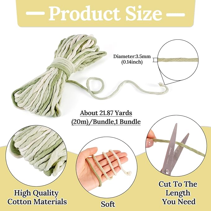 21.87 Yards Green Single Strand Macrame Cord 3.5mm Gradient Colored Cotton Cord Colorful Twine Bohemia Soft Cotton Rope Yarn for DIY Crafts Knitting Crochet Wall Plant Hanger Home Project