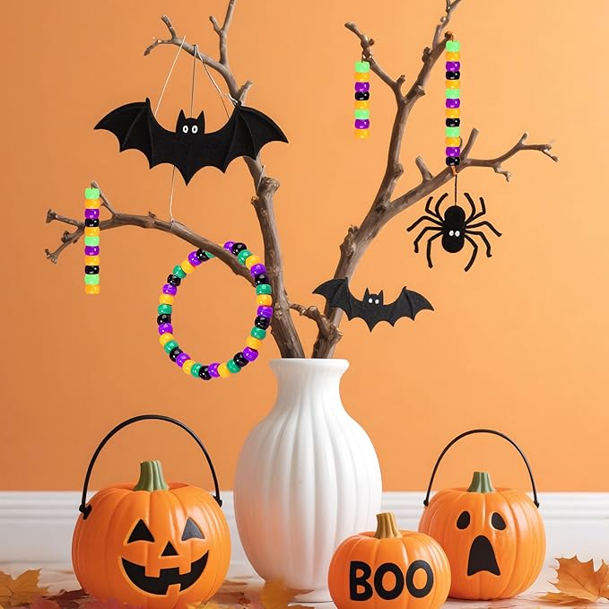 Halloween Pony Beads 1000 Pcs, Plastic Beads for Bracelets Jewelry Bracelets Making, Hair Bead for Braids for Craft, Halloween Gifts for Friend(Black, Purple, Orange, Green)