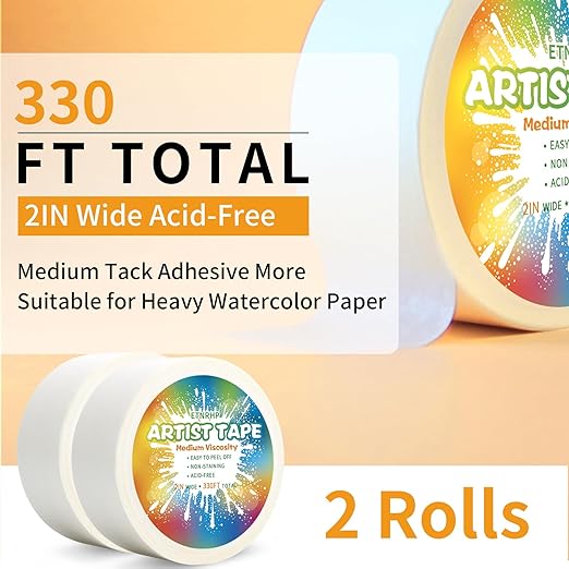 White Art Tape Medium Tack Artist Masking Tape Paper Acid Free Tape Watercolor Painters Tape Artists Tape for Drafting Art Watercolor Painting Canvas Framing, 2 inch Wide 330FT Long