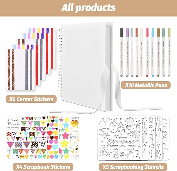 GOTIDEAL 12 x 12 Inch Scrapbook Album with 10 Metallic Markers,80 Pages Craft Paper Photo Album for Wedding and Anniversary, Family DIY Photo Album with Scrapbooking Stickers Corners(White)