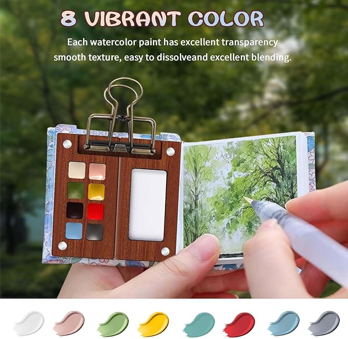 Mini Watercolor Paint Set – Travel Watercolor Set with 8 Color Palette, 300g Sketchbook, Water Brushes, Clip & Storage Bag, Pocket Size Portable Water Color Kit for Artists, Students & Beginners