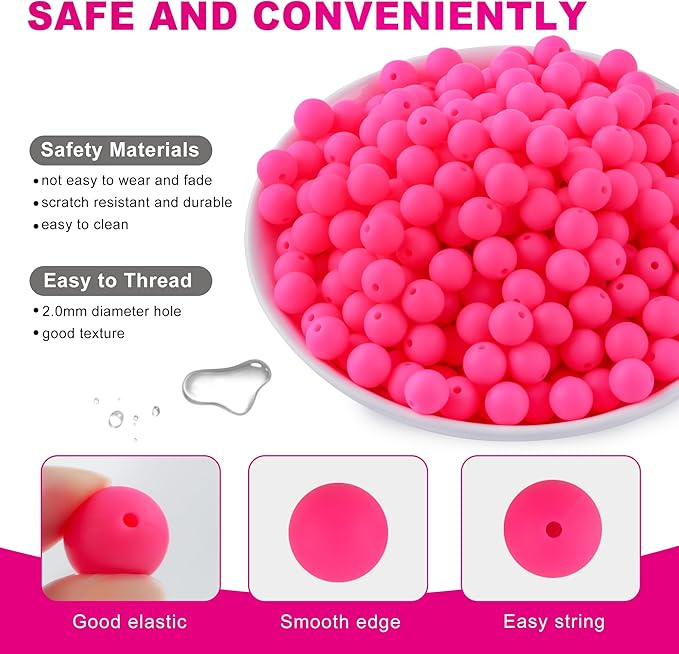 160Pcs 12mm Silicone Beads for Keychain Making Bracelet Necklace, Bulk Round Silicone Beads for Pens（Hot Pink）
