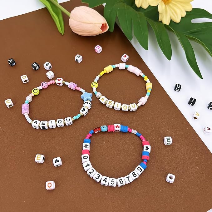 MIIIM 500pcs Vowel Pony Letter Beads for Keychains Making (A, E, I, O, U), 6x6mm Large Hole Square Letter Beads for Bracelets Making, Alphabets, Numbers (White and Colorful)