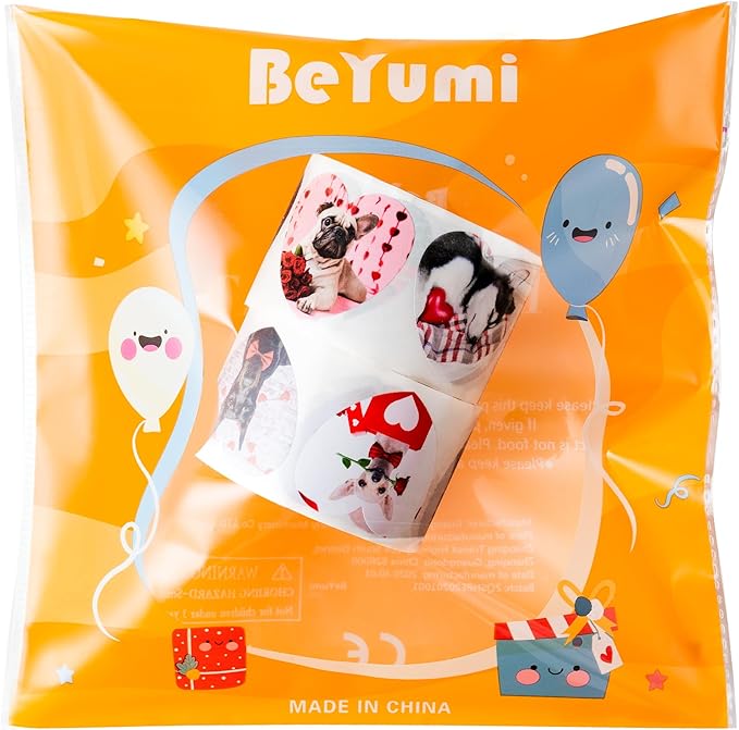 beyumi valentine realistic dog sticker - 1000pcs valentine's day realistic dog stickers in 2 rolls for kids valentine animal heart waterproof decal greeting card envelope scrapbooking party gift decor