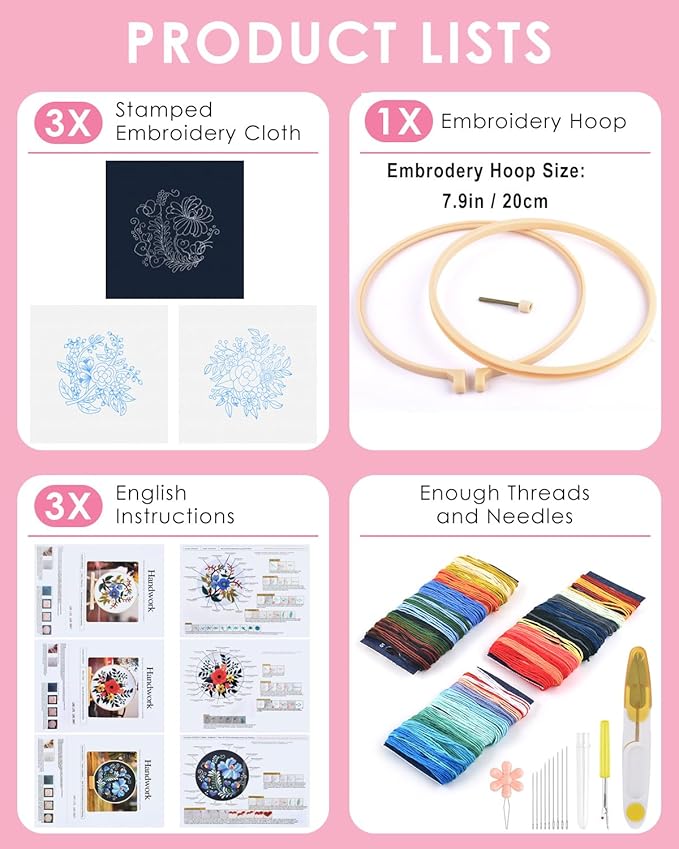 TINDTOP 3 Sets Embroidery Kit for Adults, Floral Embroidery Practice Kit for Beginners Include Embroidery Cloth Hoops Threads for Craft Lover Hand Stitch with Embroidery Skill Techniques