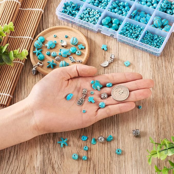 FASHEWELRY Turquoise Bead Bracelet Making Kit Green Stone Beads in Round, Flat Round, Rondelle, Cross, Turtle, Starfish, Chip Shape & Tibetan European Beads & Dangle Charms for Bohemian Jewelry
