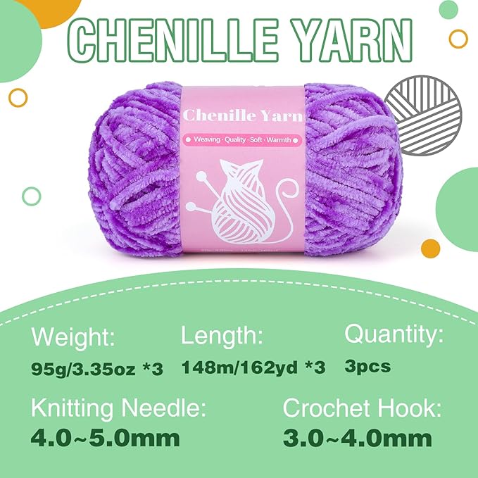 LUNARM Chenille Velvet Yarn for Crocheting Knitting, Soft Yarn for Making Blankets Clothes - 3*3.35oz, 3*162yds (Light Purple)