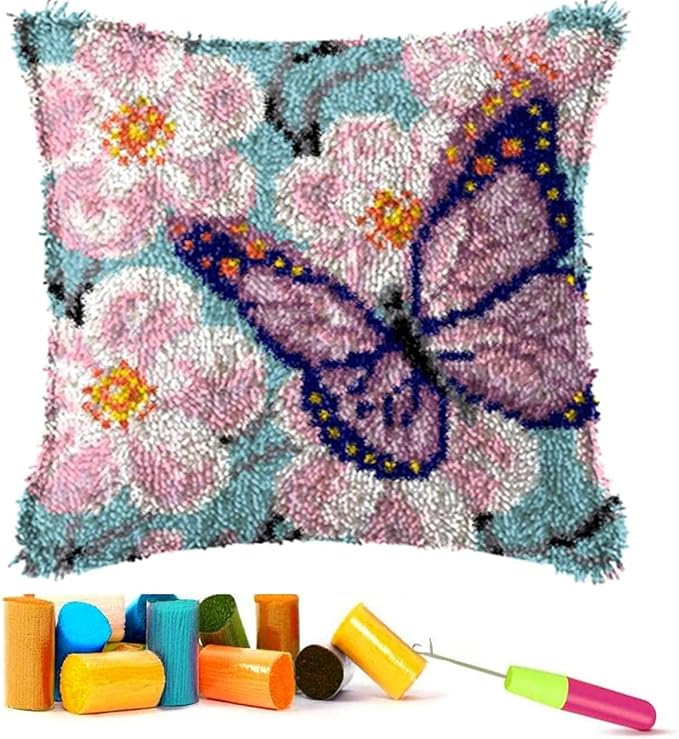 EMISTEM Latch Hook Kits for Adults - Latch Hook Pillow Kits, Crochet Yarn Kit for Beginners, DIY Needlework Crafts Cover Case with Printed Canvas,(Butterfly in Flowers,17x17 inch)