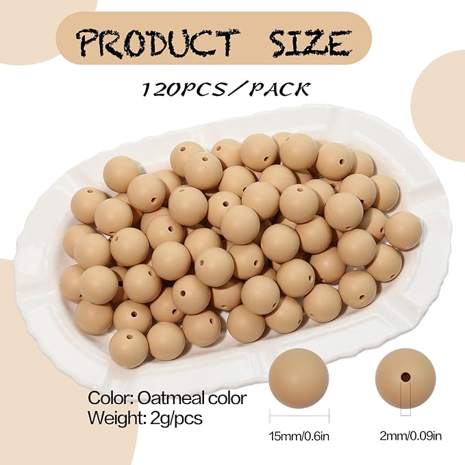 120pcs 15mm Bulk Silicone Beads for Pens, Keychains, Necklaces and Bracelets Making,Assorted Rubber Beads Set (Oatmeal Color)