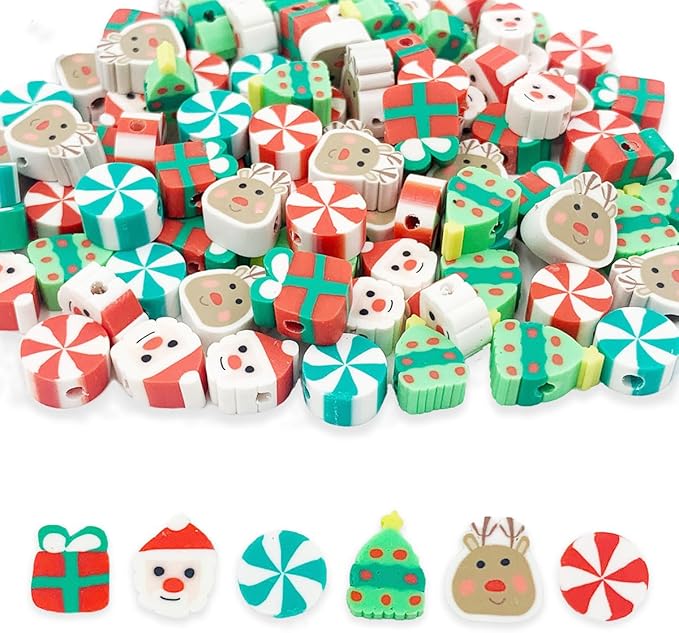100 Pcs Christmas Handmade Polymer Clay Beads, 10mm Polymer Clay Spacer Beads for Women Jewelry Making DIY Charms Bracelet Necklace Hair Clip Accessories Handmade Craft