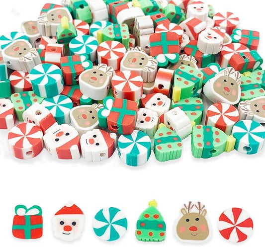 100 Pcs Christmas Handmade Polymer Clay Beads, 10mm Polymer Clay Spacer Beads for Women Jewelry Making DIY Charms Bracelet Necklace Hair Clip Accessories Handmade Craft
