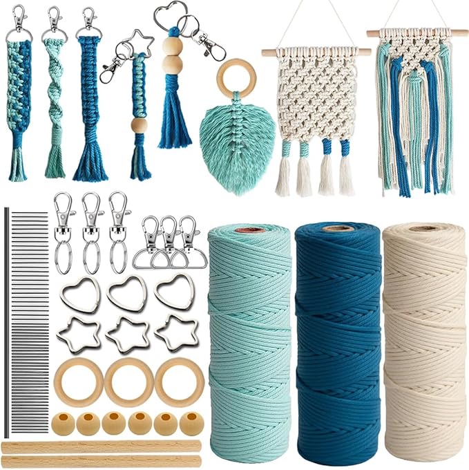 Ewparts Art Craft Macrame Kits for Adult Beginner with Instruction Book, Online Tutorials,Macrame Cord 3mm,Wood Ring/Beads,Wooden Dowel,Key Rings,Key Chain to Make Wall Hanging,Keycgain,Boho Dector