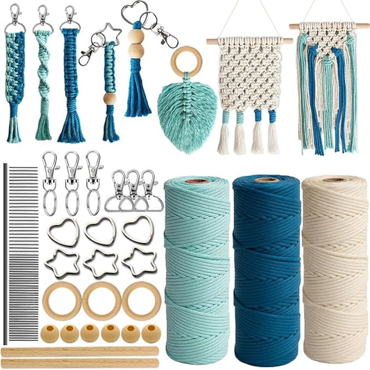 Ewparts Art Craft Macrame Kits for Adult Beginner with Instruction Book, Online Tutorials,Macrame Cord 3mm,Wood Ring/Beads,Wooden Dowel,Key Rings,Key Chain to Make Wall Hanging,Keycgain,Boho Dector