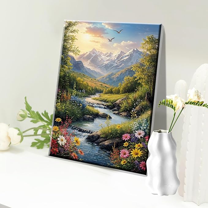 JOOZ Mountain Paint by Numbers for Adults with Easel Landscape Sunsets Paint by Numbers for Adults Beginners with Frame on Canvas，DIY Oil Painting on Acrylic for Home Wall Art Decor 7.87x11.81 Inch