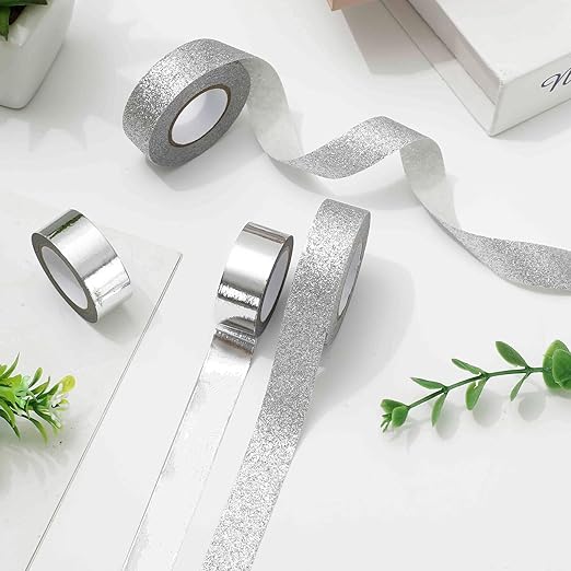 Whaline 4 Rolls Silver Metallic Glitter Washi Tape Decorative Adhesive Masking Tape for DIY Crafts Scrapbook Journal Planner Gift Wrapping Supplies, 65.6 Ft