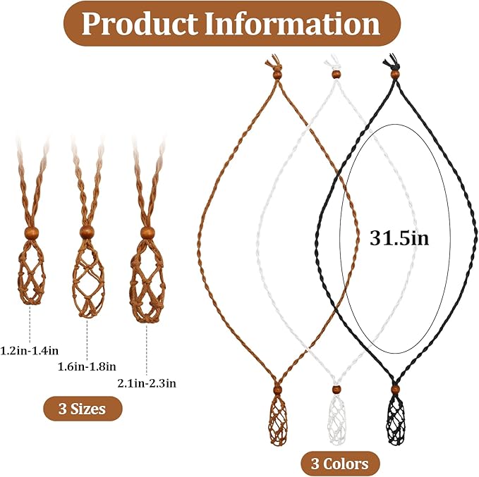ZYNERY 9 Pcs Crystal Necklace Holder, Adjustable Crystal Holder in S M L, Woven Cage Necklaces for Jewelry Making DIY Crafts Accessories Stone Holder Necklace Cord Black, Brown, White