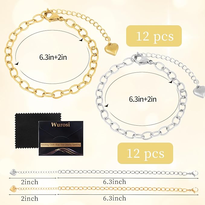 Wurosi 24PCS 6.3Inch Chain Bracelets Kit 18K Gold Plated Charm Bracelet Chains Stainelss Steel Charm Bracelets with Heart Lobster Clasp Extender Chain for Women Jewelry Bracelet Making