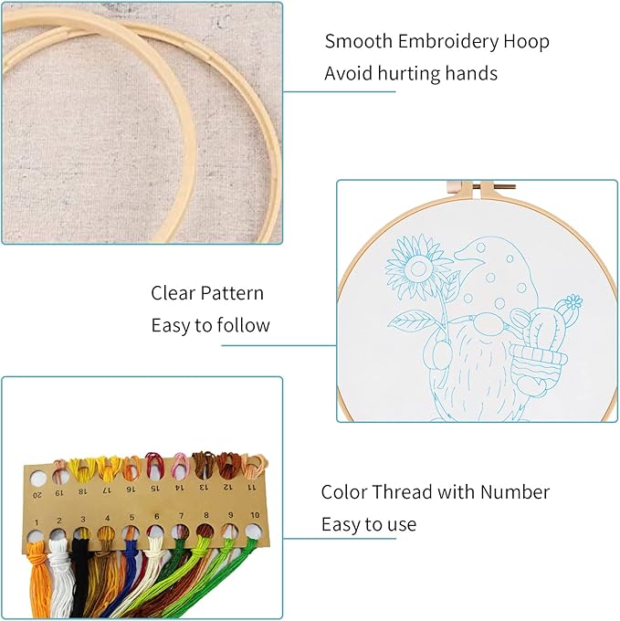 Nuberlic Sunflower Embroidery Kit for Beginners, Full Set of Stamped Gnome Cross Stitch Kit for Adults Including Threads, Hoops and Instruction