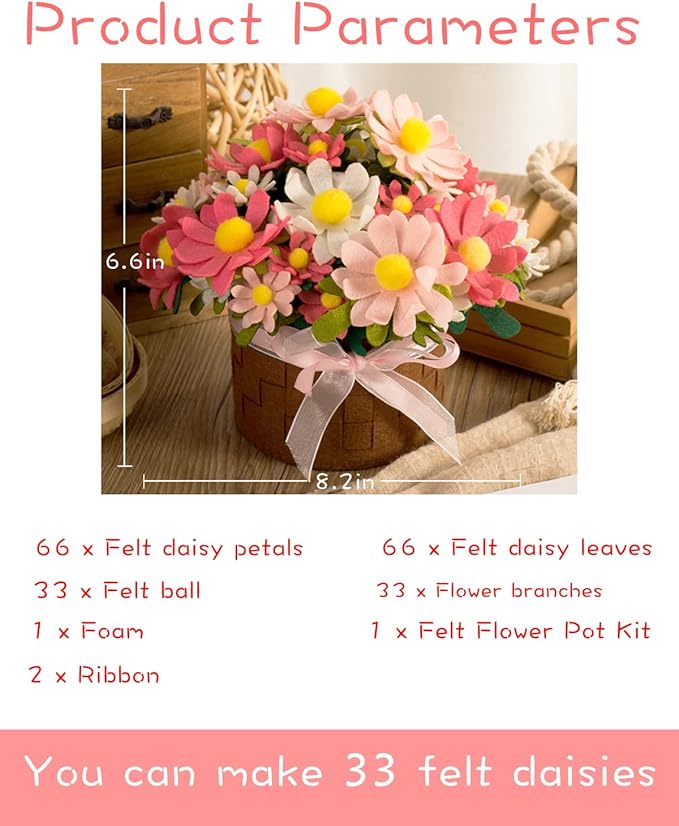 BAZIMA ALICE DIY Felt Flower Art Craft Kit, DIY Daisy Pot Bonsai Kit, 33 Daisies, Floral Gifts, Beginner Craft Kit, Arrange Pre-Cut Flowers and Foliage