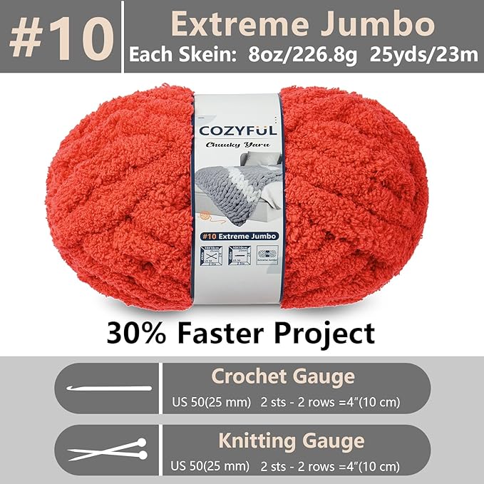 Chunky Yarn for Hand Knitting - #10 Chunky Chenille Yarn, Jumbo Big Thick Chunky Yarns for Crocheting, Super Bulky Chunky Knit Blanket Yarns, 8 Skein (25 yds 8 oz Each Skein), Solar Orange