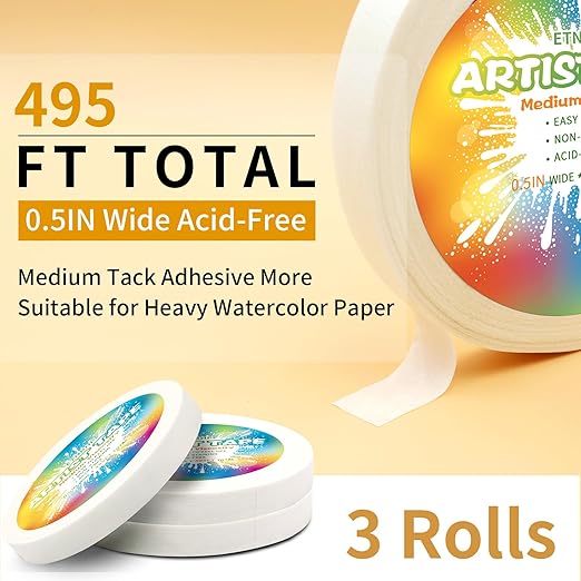 White Art Tape Medium Tack Artist Masking Tape Paper Acid Free Tape Watercolor Painters Tape Artists Tape for Drafting Art Watercolor Painting Canvas Framing, 0.5 inch Wide 495FT Long