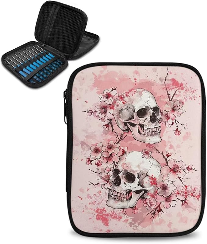 Hechitok Cherry Blossom Skull Crochet Hook Case, Zipper Storage Organizer Bag with Web Pockets for Crochet Needles/Knitting Accessories/Crochet Hook Kit Tools Easy to Hold