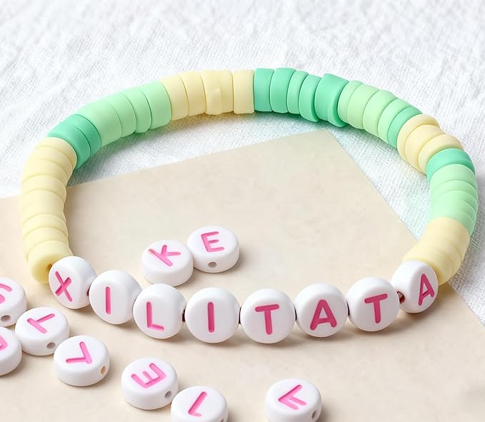 Xilitata Pink Letter Beads Alphabet Letters White Round Bead, 4x7mm 1200pcs, Pink Beads for Bracelets Friendship Bracelets Making Kit Beads with Box