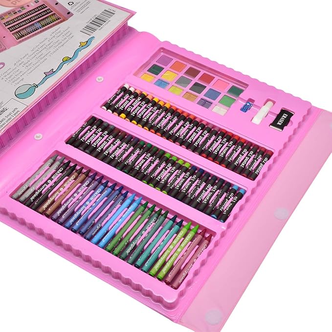 Sunnyglade 185 Pieces Double Sided Trifold Easel Art Set, Drawing Art Box with Oil Pastels, Crayons, Colored Pencils, Markers, Paint Brush, Watercolor Cakes, Sketch Pad (Pink)