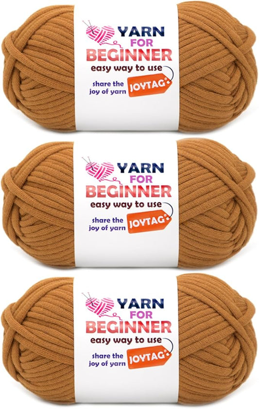 Caramel Brown Yarn for Crocheting and Knitting Cotton Crochet Knitting Yarn for Beginners with Easy-to-See Stitches Cotton-Nylon Blend Easy Yarn for Beginners Crochet Kit(3x50g)