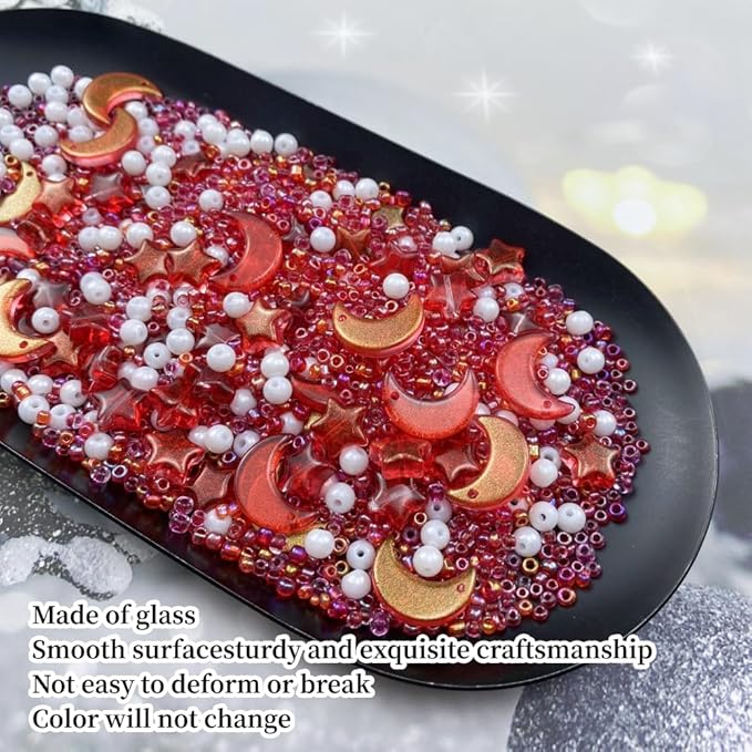 Assorted Glass Beads for Jewelry Making Multi Size Colors Glass Star Moon Seed Pearl Spacer Beads for Bracelets Necklace Earring Making(White Red)