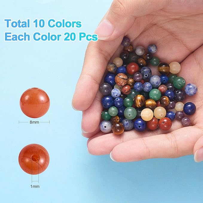 140 Pcs 7 Chakra Natural Stone Beads Round Beads Color DIY Smooth Stone Bead Kit Crystal Energy Healing Bulk Bead Charm for Jewelry Making Bracelet Necklace Earrings (8MM, 7 Chakra Stone)