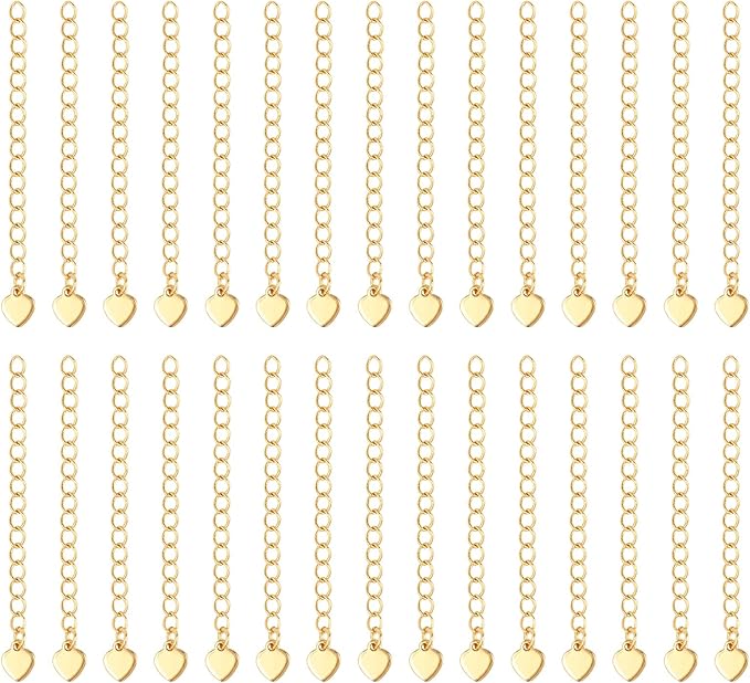 30 Pcs Necklace Extenders,18K Gold Plated Necklace Extender 55 mm,Chain Extender with Heart Chain Tabs for Jewelry Making