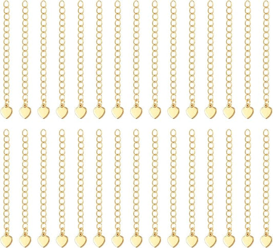 30 Pcs Necklace Extenders,18K Gold Plated Necklace Extender 55 mm,Chain Extender with Heart Chain Tabs for Jewelry Making