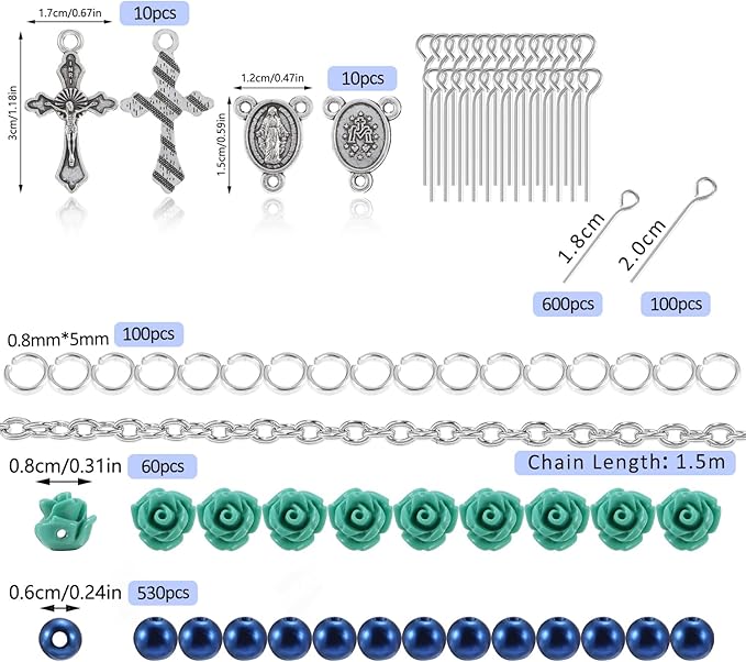 OEMOO 1410PCS Rosary Jewelry Making Kit Rosary Prayer Making Supplies Carved Rose Beads Cross Centerpiece Crucifix Medal Kit First Communion Necklace Set for Rosary Necklace Jewelry Making (Blue)