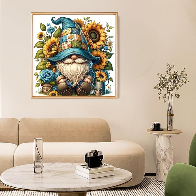 Fountor Gnome Diamond Art Kits for Adults, Gnome Diamond Painting Kits for Adults Beginners, DIY 5D Sunflowers Diamond Painting with Round Gem Art Kits for Gift Home Wall Decor 14x14 Inch