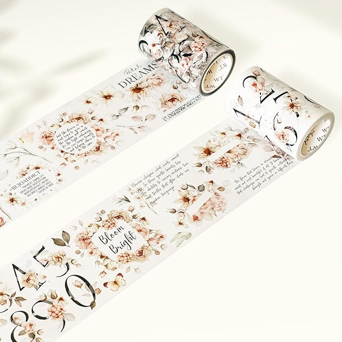 WT Pre-Cut Rosé Scripts Wide Washi Tape, Single Roll, Original Designs, Blush Floral & Handwritten Script, Japanese Decorative Paper Tape, Junk Journal Scrapbook Bujo Planner DIY Craft Supplies