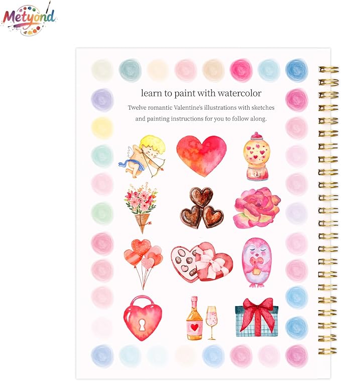 Metyond Valentine's Day Watercolor Workbook - Watercolor Coloring Book with 1 Workbook 12 Colors Paint Set with Brush, Beginner Friendly Watercolor Workbooks Set Valentine's Day Gift for Adults Teens