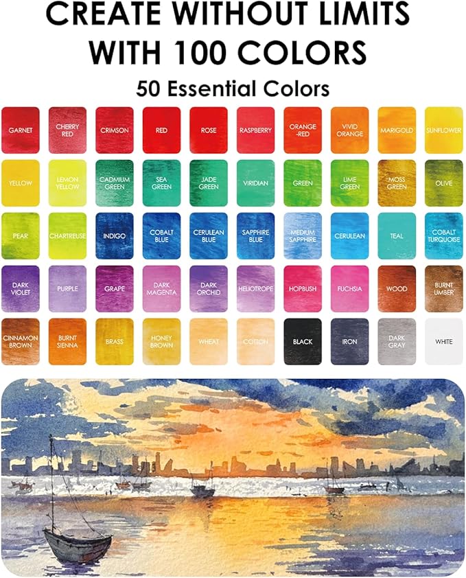 grabie 100 colors premium all-in-one watercolor paint set - 50 essential, 35 metallic, 10 pastels, 5 neon hues - portable case, brush pens, paper pad, waterproof fineliner pen, beginner & professional