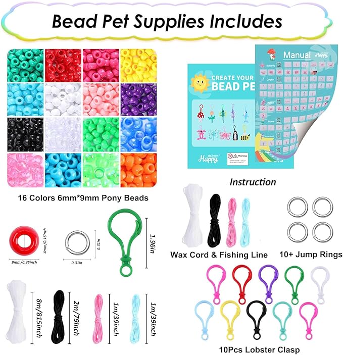 Happy Makers Bead Pets, Pony Beads Multicolor Animals Keychain Making Kit with Instruction, Keyring & Key Clasp, Ultimate Bead Pets Keychain, Art Craft for Beginners