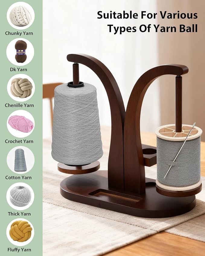 eZAKKA Upgraded Magnetic Yarn Holder Spinner – Double Yarn Holder with Wooden Yarn Spool Rack & Organizer Base, Portable Crochet Yarn Holder for Crocheting and Knitting Lovers, 1 Pack