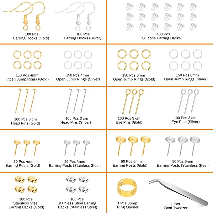 Modacraft 2000Pcs Earring Making Supplies Kit - Hypoallergenic, Includes Hooks, Findings, Posts, Backs, Pins, Jump Rings for Jewelry Making