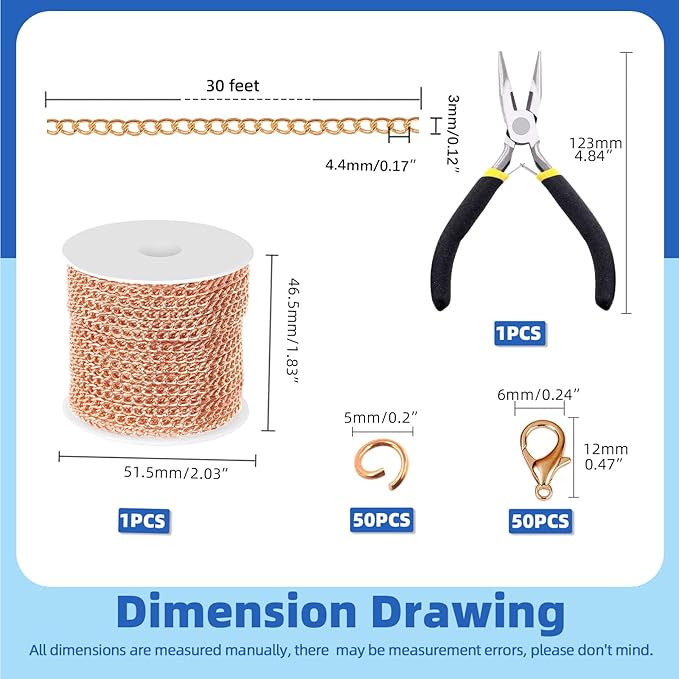 Glarks 102Pcs 30 Feet Jewelry Chains Set Rose Gold Cable Link Chains Link Rolls Bulk Twisted Links Chain Necklace Jewelry Making Chains with Lobster Clasps and Jump Rings for Necklace Jewelry Making